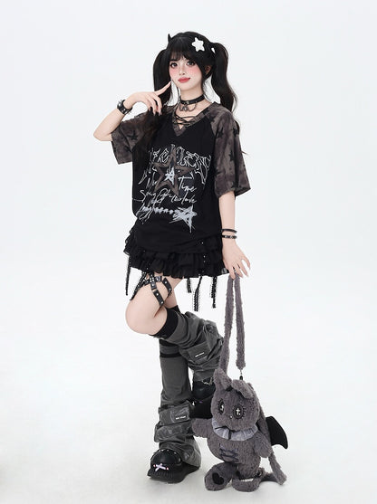 デザイン レースアップ Vネック スター Tシャツ ルーズ ブラック カラーブロック プリント