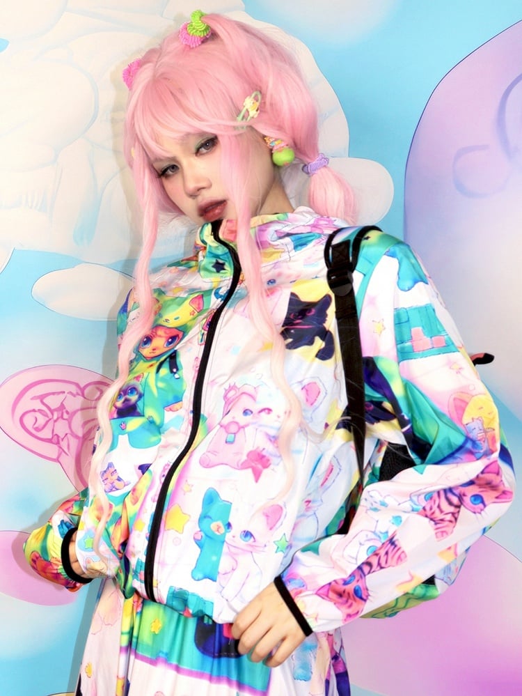 Y2K Hoodie Green Jacket Print Sun Cat Protection