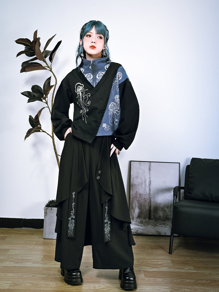 Gothic Black Wide-Leg Trousers with Asymmetrical Layers & Detachable Jellyfish Embroidered Ribbon - Quirky Hut