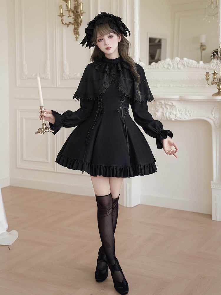False Jirai Two-Piece Lace-up Black Cape Kei-inspired with Details Dress