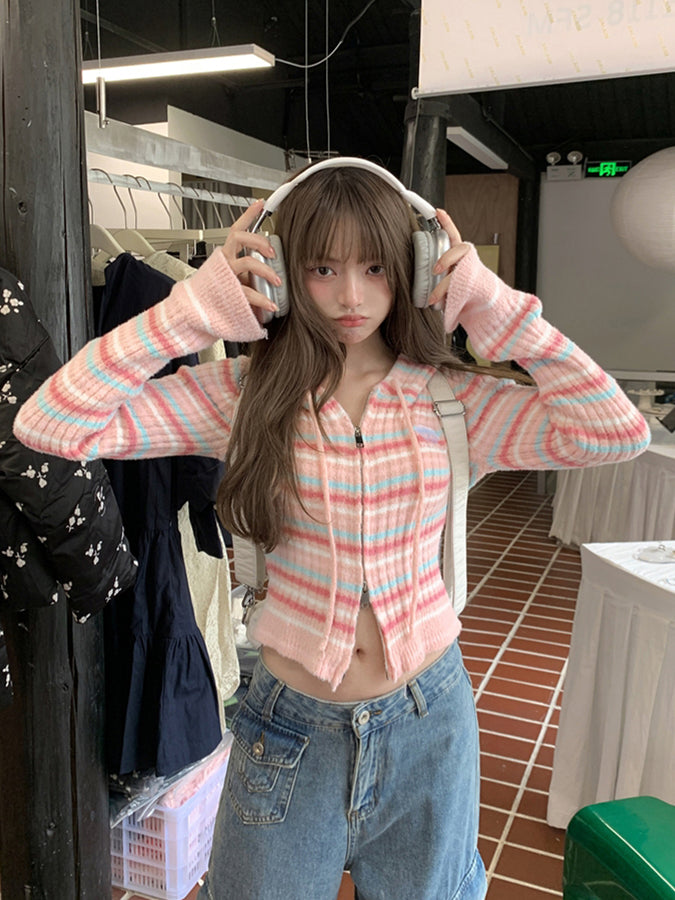 ブラック柄ストライプフードカーディガン / ピンク