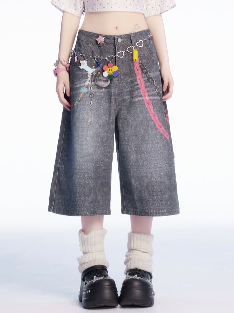 ウエストチェーンプリント フェードウォッシュ ワイドレッグジーンズ グレー ロー