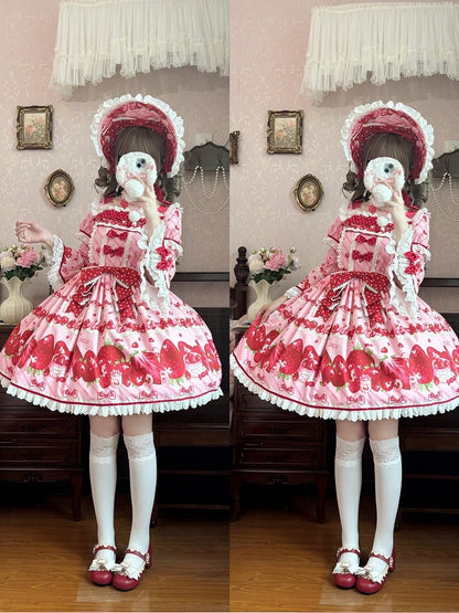 Set Erdbeerkleid Sweet Lolita Kurze Ärmel Volldruck Rosa
