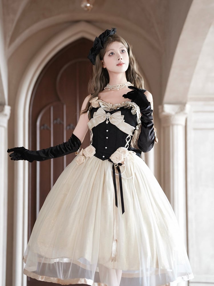 JSK Corset Nœud Abricot avec Ornements Roses en Perles - Qian Mu