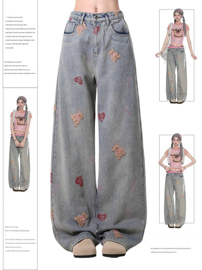 Light Gray Straight-Leg Jeans with Faded Wash and Bear Embroidery