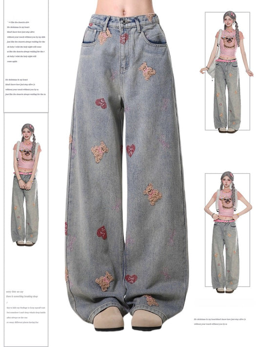 Light Gray Straight-Leg Jeans with Faded Wash and Bear Embroidery
