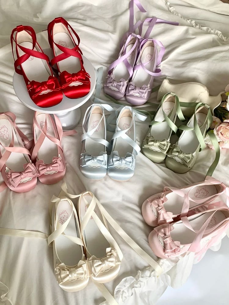 Beige Satin Low Heels for Lolita - Removable Ankle Strap & Bow Decor with Delicate Scalloping