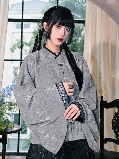 Gray - Blouse Style on Pipa Chinese Mandarin Sleeve with Cuffs Embroidery Collar Goldfish