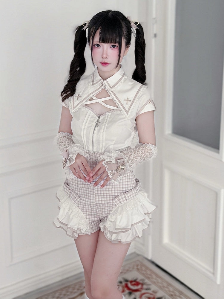 White & Pink Hollow Blouse with Plaid Skort Set - Shi Zhai Xin