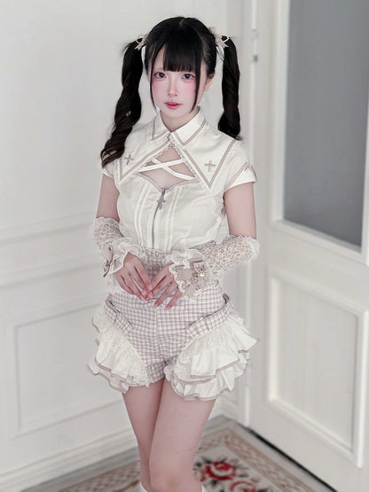 White & Pink Hollow Blouse with Plaid Skort Set - Shi Zhai Xin