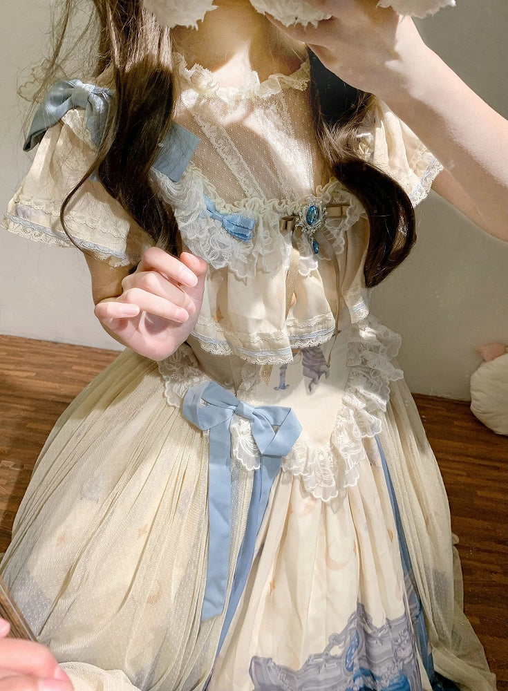 Edward Basque Lolita Print Kleid Klassischer Hals Elegantes Engelsstück Taille Eins