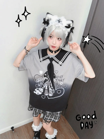 Mädchen Print Farbverlauf Schwarz T-Shirt Y2K Matrosenkragen Punk