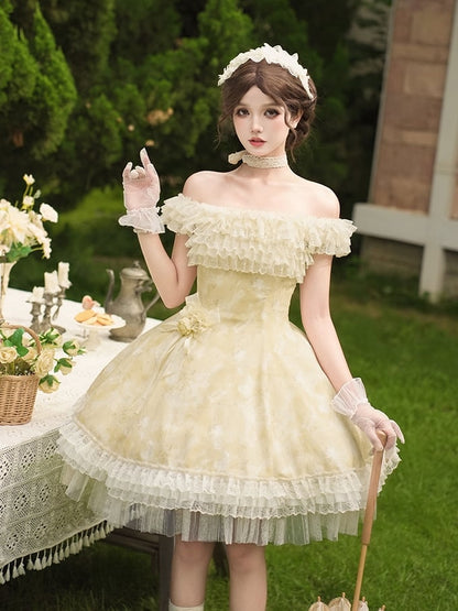Butterfly Print Light Yellow Versatile Neck Lolita JSK Dress with Detachable Shoulder Straps - With PUJI