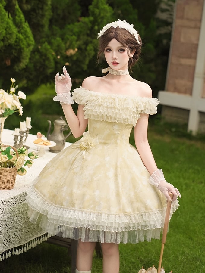 Light Yellow Butterfly Floral Print JSK Dress Set - With PUJI