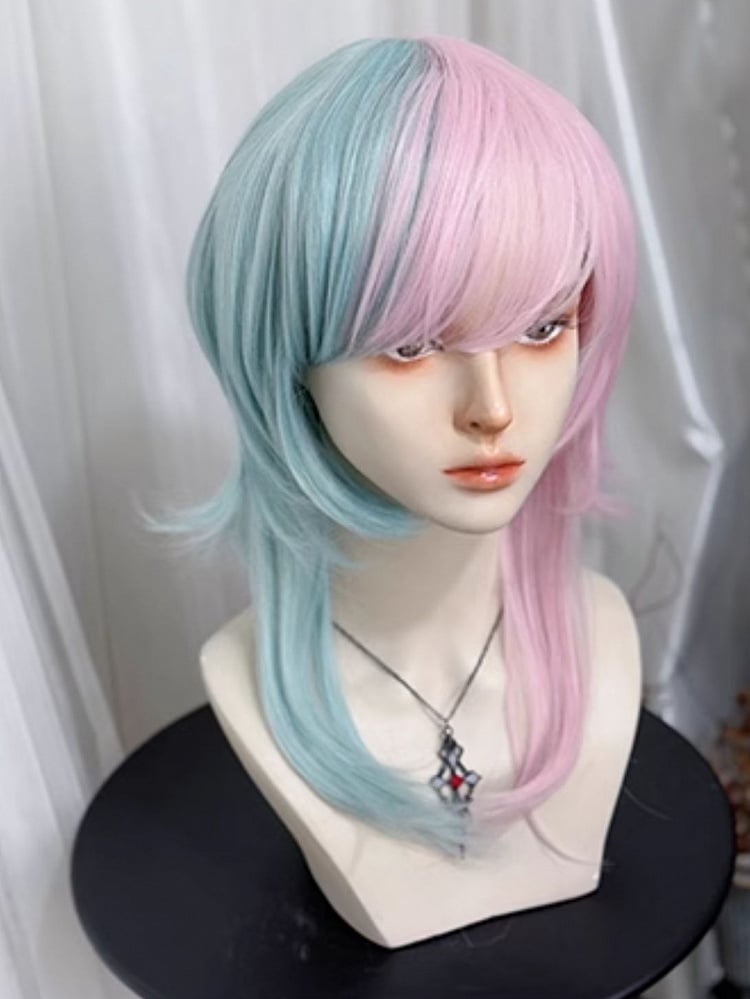 45 cm gerader Farbstil mit grün-rosa Ouji-Perückenlänge, Pony, geteilt