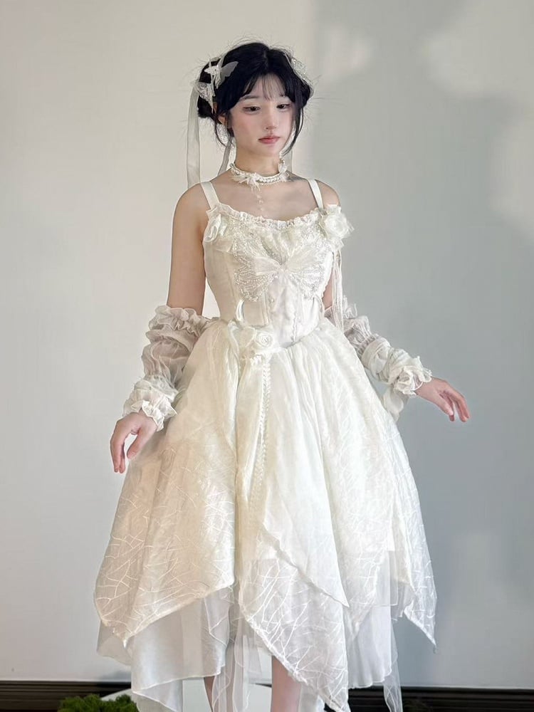 Elegant Asymmetrical Hem Bow Motif Lolita JSK Dress in White - Sweet Wood Lolita