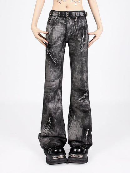 Graffiti Design Jeans Punk Black Asymmetrical Vintage Low-Rise with Zipper