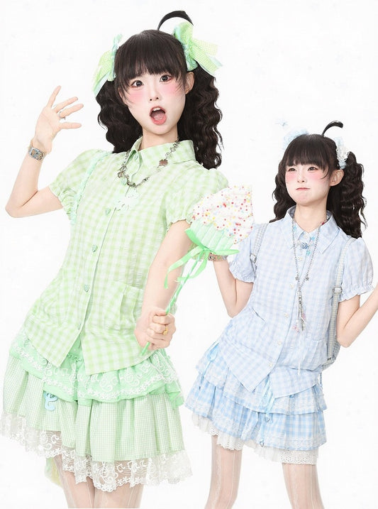 Green Gingham Puff Sleeve Top with Apple Embroidery - Languid Park