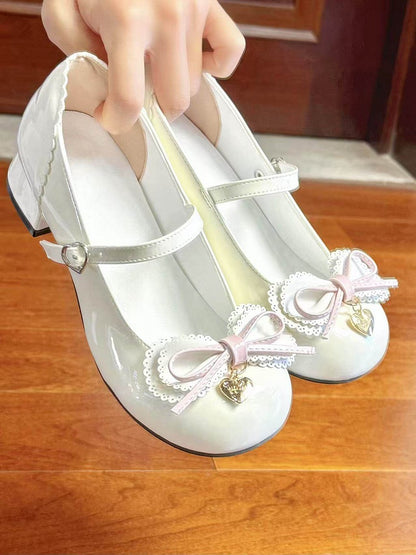 Trim PU 3.5cm Heart White Golden Lolita Shoes Low-heel Sweet Bow Charm Scalloped -