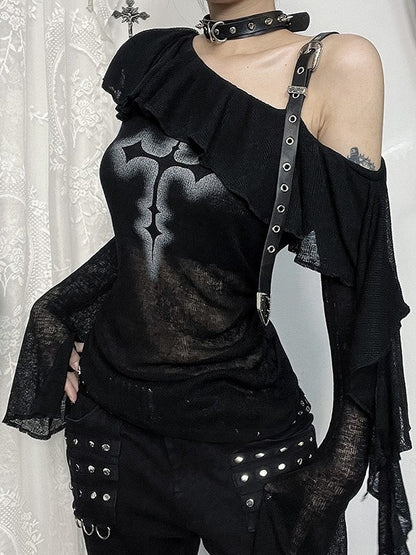 Strap Trim Print with Gothic Cross PU Top Neck Ruffle Halloween Asymmetrical Black