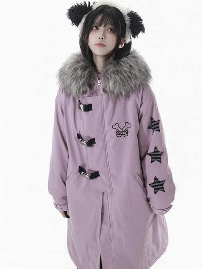 and Cozy Detailing Fleece-Lined Hood Mid with Black/Purple Star Coat Patch Plush Length