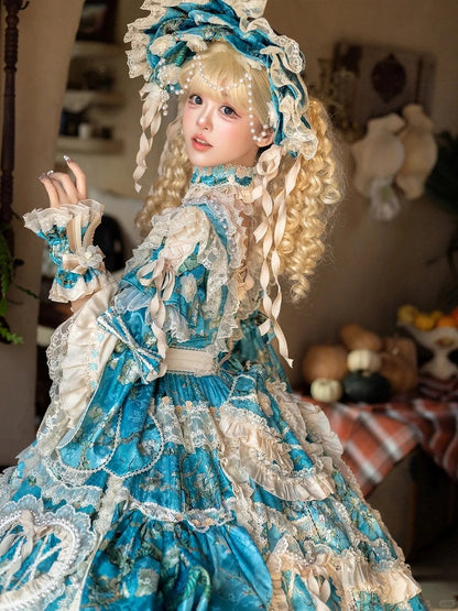 with Sleeves Sweetheart and Ruffle Layers Bell Applique Gorgeous Blue Gown Hime Lolita Beaded Lace