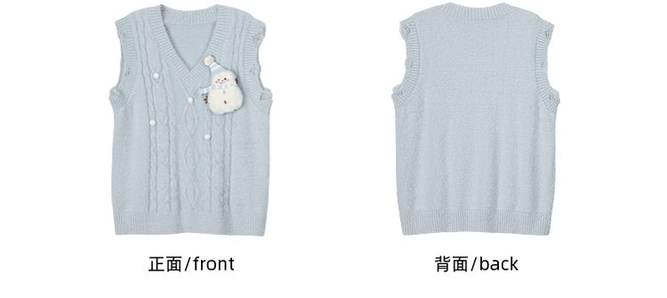 Cute Snowman Adorned Blue V-neck Mohair Vest
