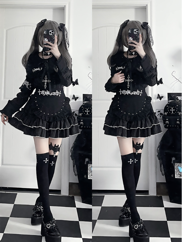 Ruffle Gothic Tie Front Topwith Long LacingBow Back Metal Black Eyelet Sleeve Trimmed