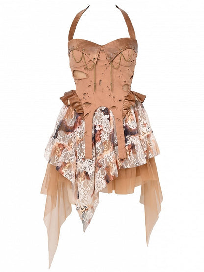 Holes Distressed Studs Chain Design Halter Dress Decorated Brown Wasteland Punk