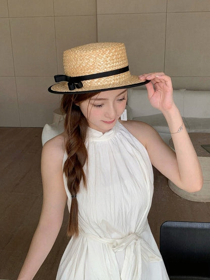Straw Hat with Black Bowknot Detail - Lalacita