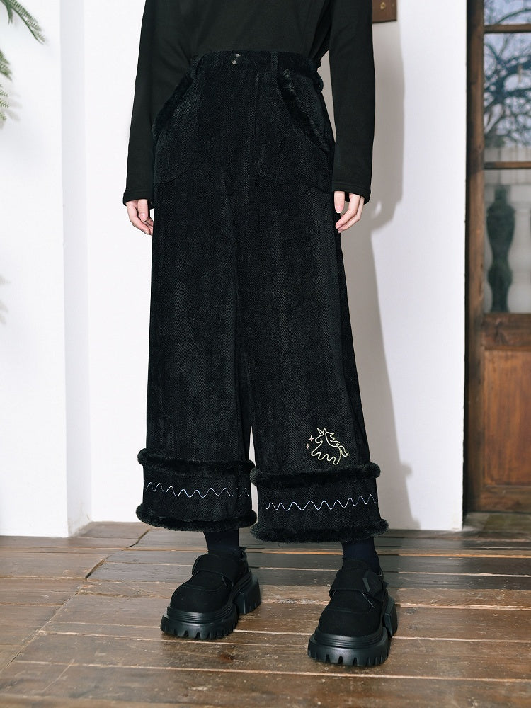 Black High-Waisted Wide-Leg Pants with Pony Embroidery & Fur Hem - Quirky Hut