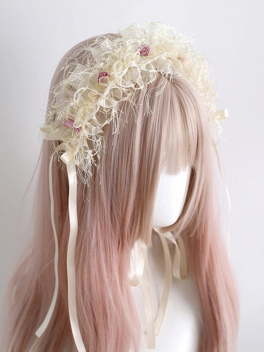 (Pink Cream Accents) Ruffled Tulle Hairband Rose Lolita