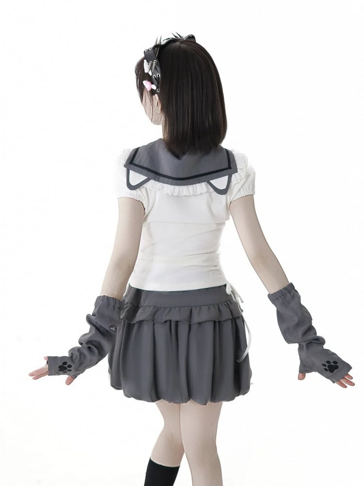 Side Armwear Free Ears with T-shirt Kitty Design Sailor Collar White Drawstring