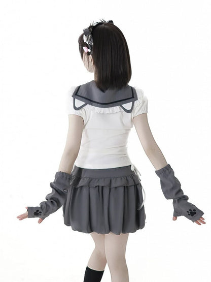 サイドアームウェア 耳なし Tシャツ付き キティデザイン セーラーカラー ホワイト ドローストリング