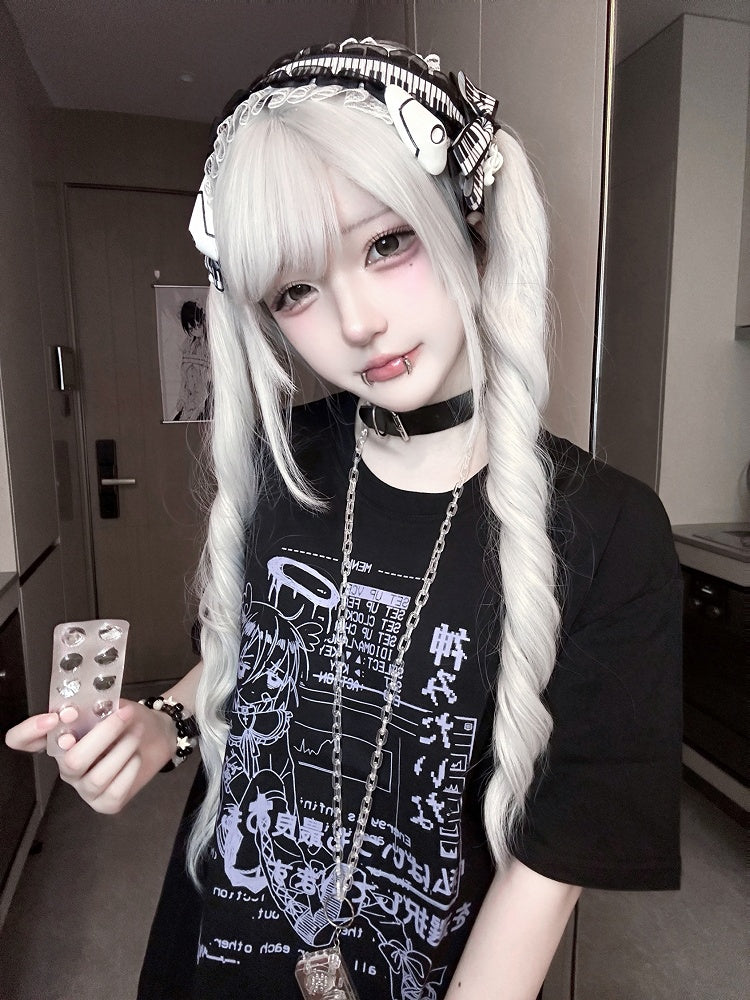 Jirai Schwarz/Weiß Rundhals Cyberpunk T-Shirt Print Kei Angel Baumwolle