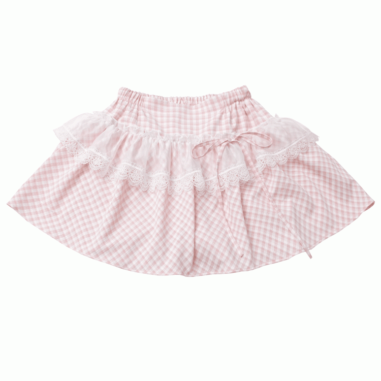 Rock mit Spitzenbesatz und Karomuster Rosa/Babyblau