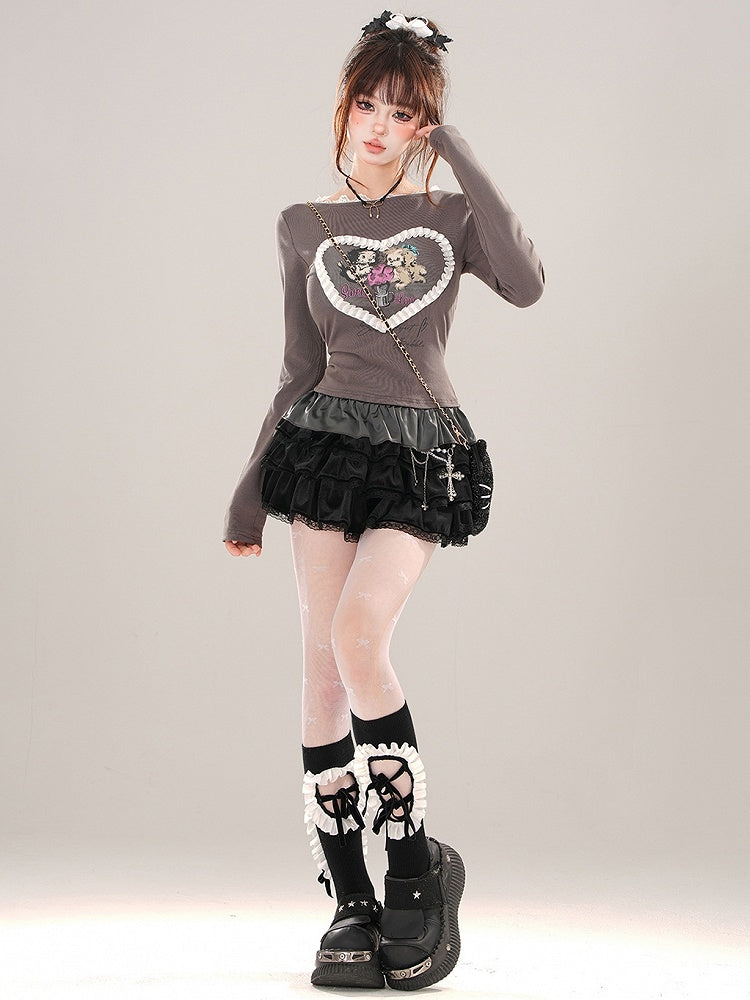 Grey/White Puppies Print Ruffle Hem Slim-fit T-shirt