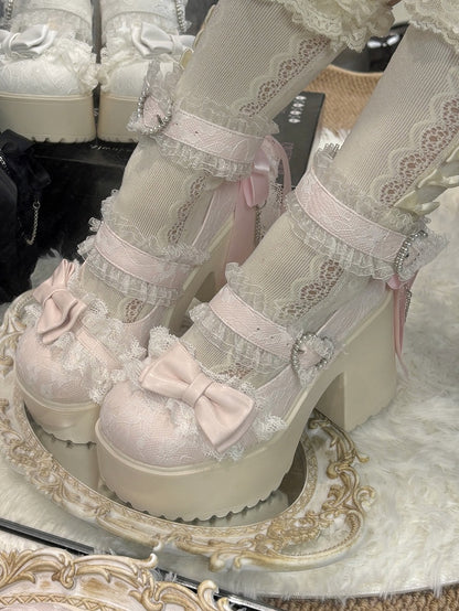 Jane Block Mary Straps Jirai Kei Pink with High - Heel Shoes Lace-Edged