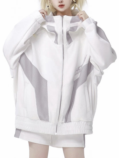 Weißer und grauer Mesh-Kapuzenpullover mit Reißverschluss Jirai Kei Sweatshirt