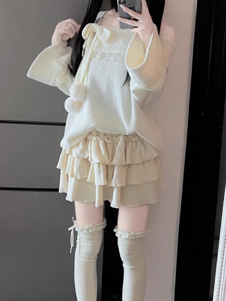 ベージュの蝶結びレースディテールのプラッシュトップ、アプリコットのフリルトリム、膝上丈のティアードスカートセット