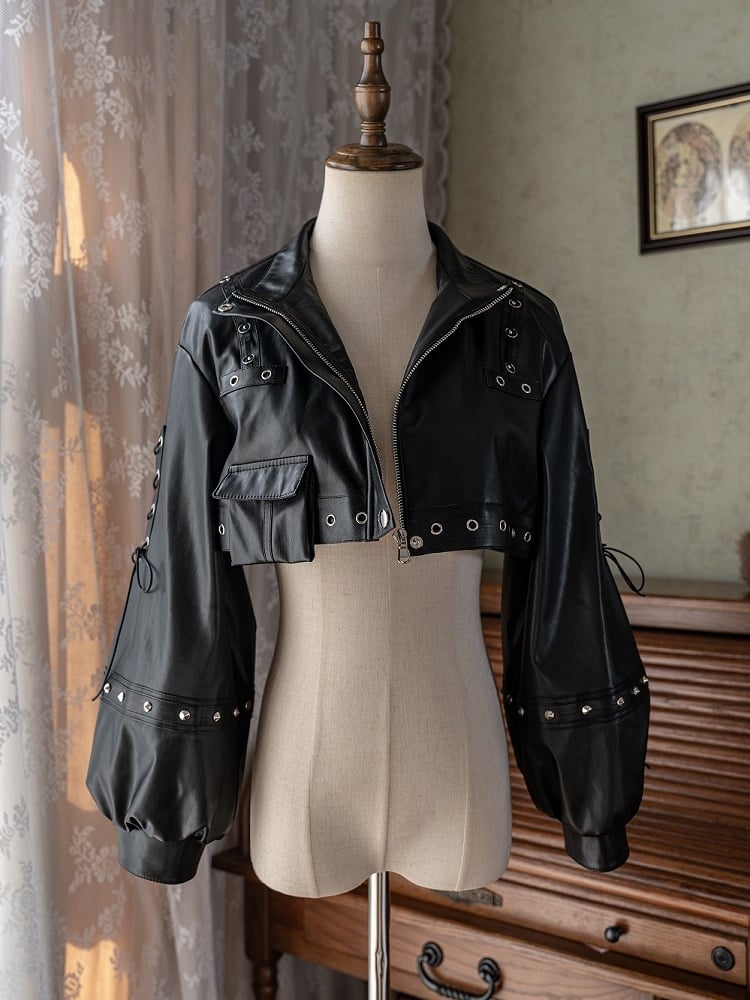and Bishop Black Leather with Grommet Sleeves PU Details Cropped Jacket Front Zipper