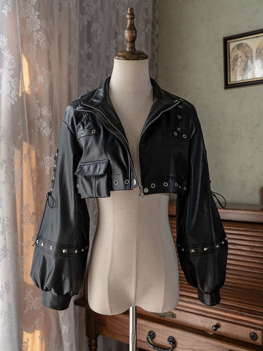 and Bishop Black Leather with Grommet Sleeves PU Details Cropped Jacket Front Zipper