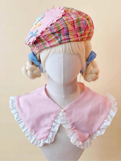 Beret Colorful Plaid and with Bow Accents Heart