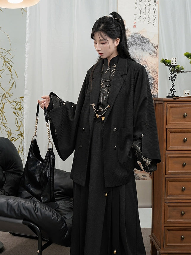 Chinese Placket Cuff Blazer Sleeve Style Black Button in Vents Breasted Double
