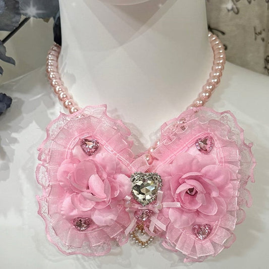 Rhinestone Pink Trim Decorated Necklace Lace Beaded Pendant Bowknot Light/Dark