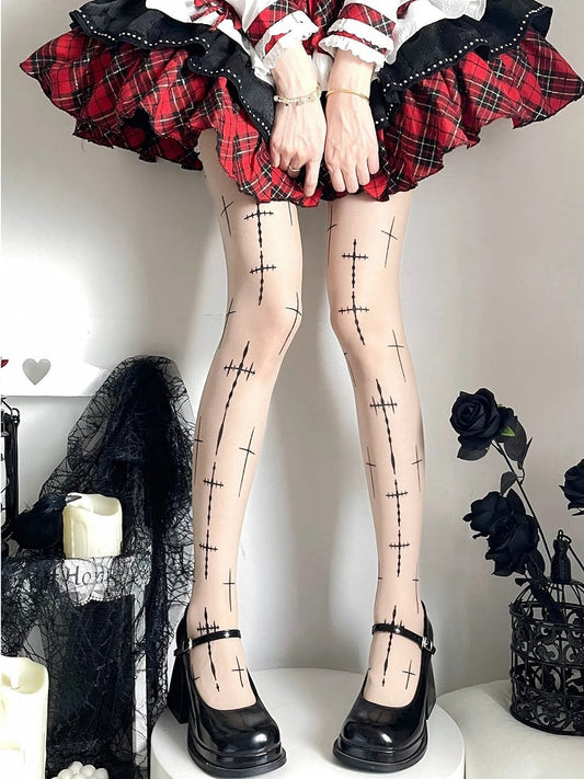 Lolita Cross Print Sheer Pantyhose - Black & Nude Tights for J-Fashion & Gothic Coordinates