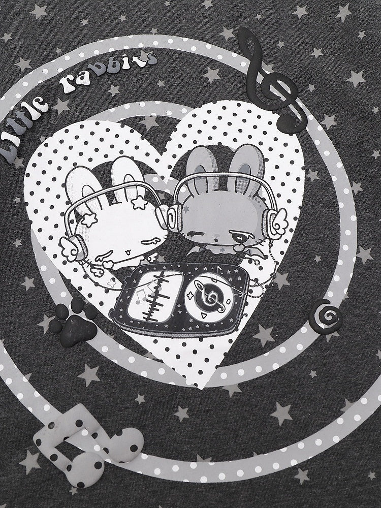 Otaku Style Gray Two-Piece Look Round Neck Long Sleeve Shirt with Bunny & Star Motif - Languid Park