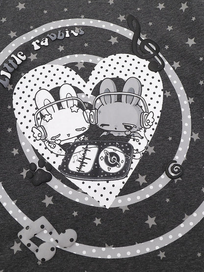 Otaku Style Gray Two-Piece Look Round Neck Long Sleeve Shirt with Bunny & Star Motif - Languid Park