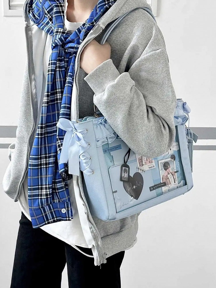 Bag Blue Card Ita Holder Ruffle Straps Satin With Trims Bow Self-tie