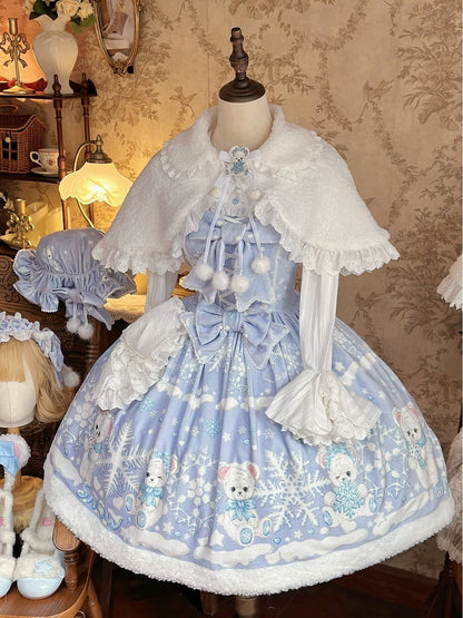 Sweet Winter Lolita Snowy Teddy Print Light Purple Dress JSK Full Set